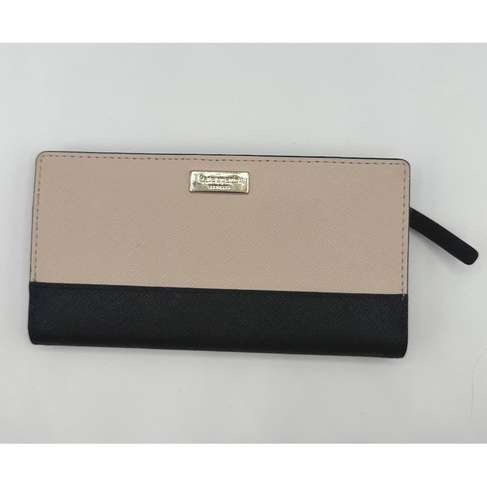 Kate‎ Spade New York Leather Bifold Slim Wallet Beige Black Snap Close Excellent